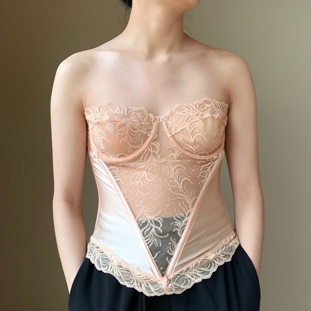 Peach pink satin mesh lace bustier corset